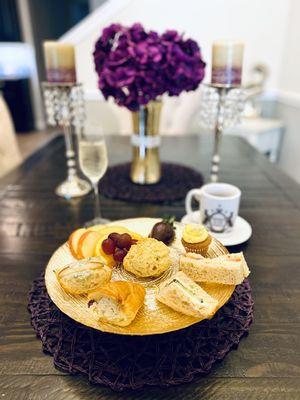 High Tea - to go during social distancing. 4 tea sandwiches, scone, fruit, mini cupcake, chocolate covered strawberry and fresh tea!