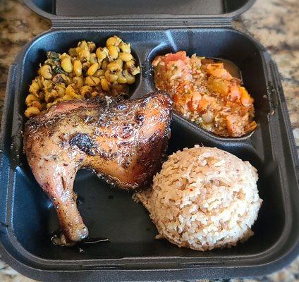 $15 Jerk Chicken Plate served over Garlic Cilantro Rice,  Tomato Chutney and Black eye peas with your choice of Naan and Homemade Roti