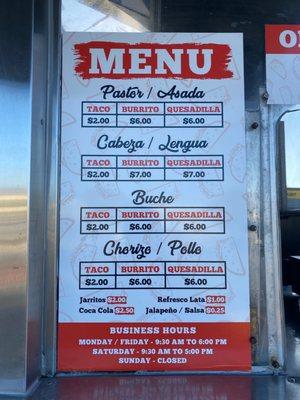 Menu and business hours