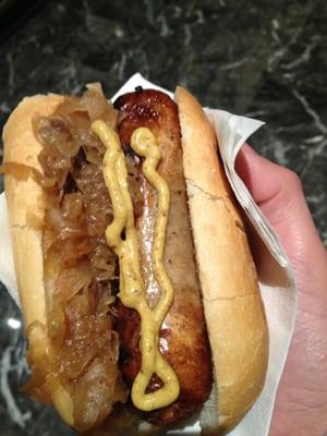 Original bratwurst with sauerkraut and German mustard.  $6.00.  SO GOOD.