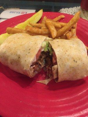 Crispy chicken bacon ranch wrap with fries