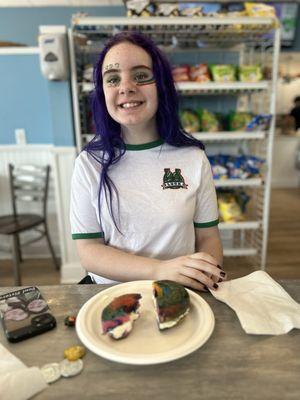 Rainbow bagel with cream cheese