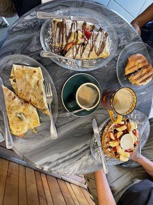 Savory chicken crepe, Nutella crepe, egg sandwich and waffle.