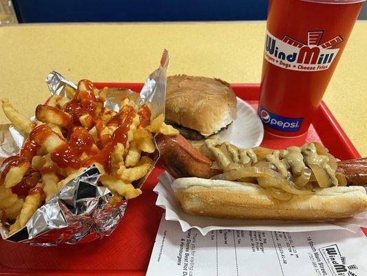 Hot dog, cheeseburger, fries, root beer.