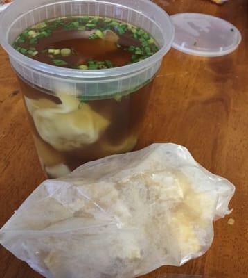 Wonton Soup, 1 quart, served with fried noodles.  $2.95  Take-Out.