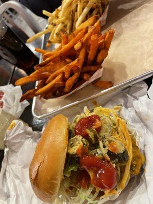 Boom burger and sweet potato fries