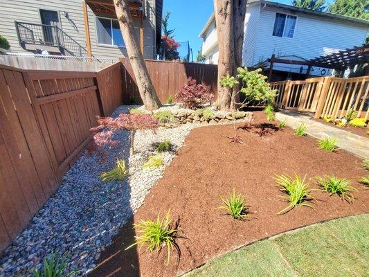 Full lawn renovation, beds and flat stone patio and pathways.