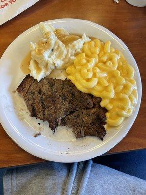 Steak (well done), Macaroni & Cheese and Mashed Potatoes & Gravy