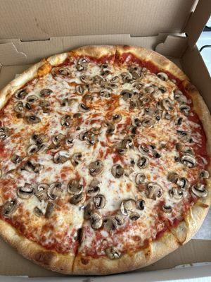 Large cheese pizza with mushrooms