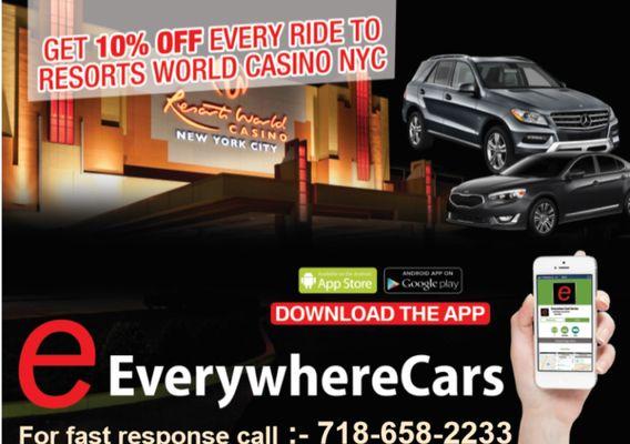 Download our mobile app and get 10% discount on your next ride to Resorts World Casino NYC.