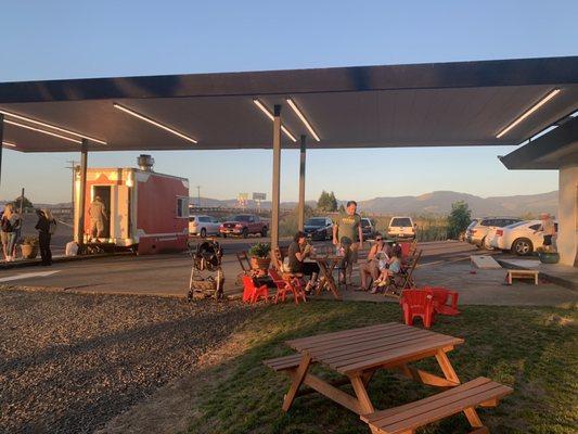 View of the covered area with food truck