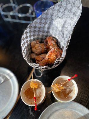 Chicken wings and drinks