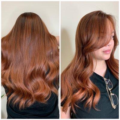 Deep copper ombré balayage with long layer haircut.