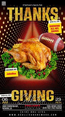 Join us Thanksgiving for a Community Meal, NFL, Games, Drinks, Food, DJ JukeBox and Fun! Open all day starting at 6am!