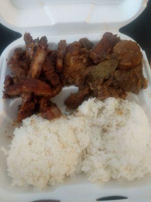 Pork adobo and pork bbq and rice