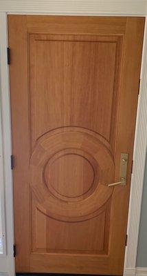 Simpson custom front door. Birch w/natural stain & matte wax. Emtek brushed gold hardware. New gold hinges on the way.