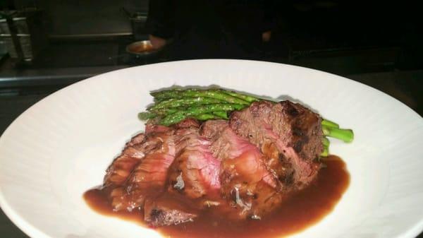 Butchers Steak Grilled Marinated Steak/herb crusted red skin potatoes/grilled asparagus/house demi glaze