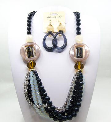 Acrylic Faux Gemstones Necklace & Earrings Set-Blue/Multi-Colored