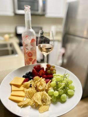 Home-made cheese & fruit plate w/ Rose - all from Trader Joe's