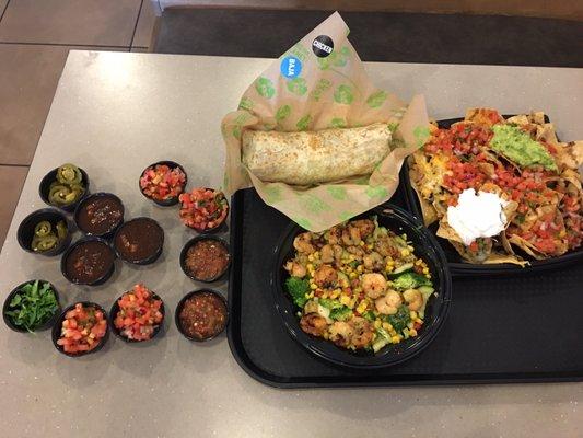 Chicken Baja Burrito, Chicken Supreme Nachos, Chili Lime Shrimp Bowl