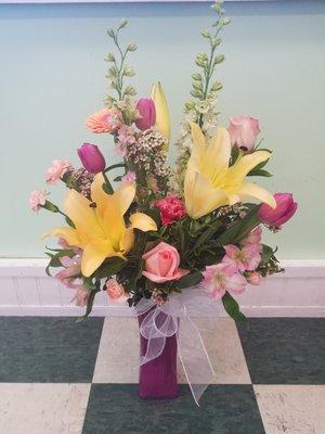 White oriental lily and pink rose mixed spring bouquet