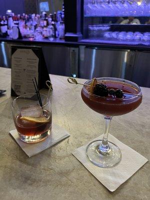 (Left) Sam's Old Fashioned  (Right) Strawberry, blueberry and blackberry Tito's drink with Mint, agave and lime juice