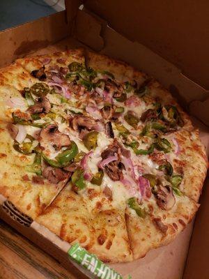 Gyro pizza, well topped but gyro flavor gets buried.