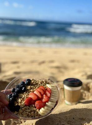 Acai bowl and decaf latte.