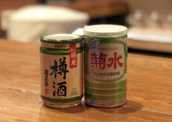 "Taruzake" Ceder Sake Junmai($8). Kikusui Green Ginjo Namagenshu 19%($12).