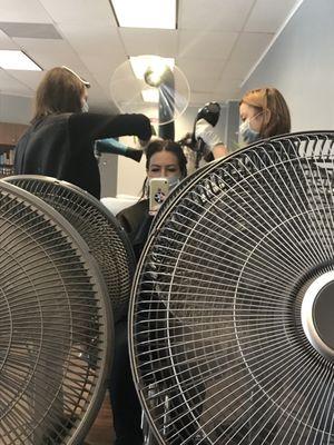 Keratin treatment-fans, masks, and ventilation in use during the process. A+ the results were fabulous.