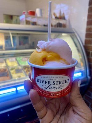 Pink grapefruit sorbet and tangerine sorbet