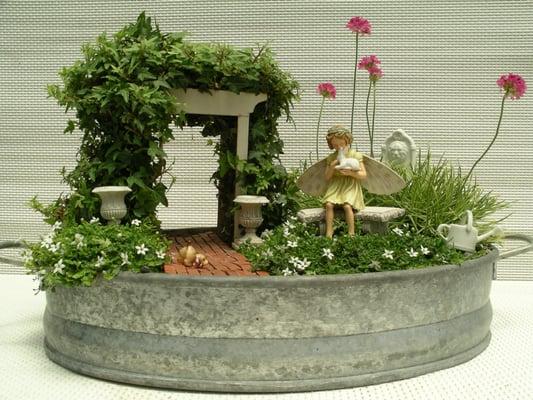 Sun fairy garden with micro needle point ivy, pink flower armaria and white isotoma ground cover