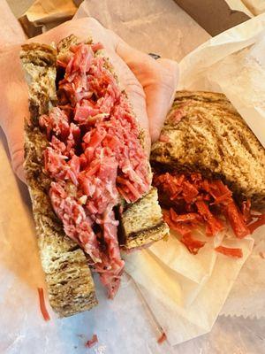 Just a corned beef with mustard. Rye is ok. Not enough corned beef. A little overcooked as was super shredded and dry.