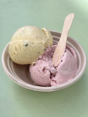 Lotus & Rose (pink) plus Kulfi (saffron color): Double Scoop Portion