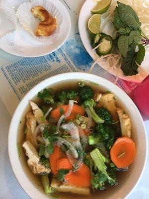 Small veggie pho in meat broth ft. a cream puff they give you as soon as you sit down!