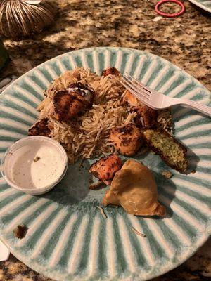 21. Two Pieces Chicken Tikka with Rice, falafel, samosa and white sauce