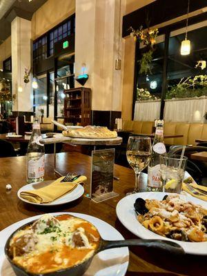 Four cheese Spaghetti with meatballs, Meat Lover Calzone, seafood pasta.