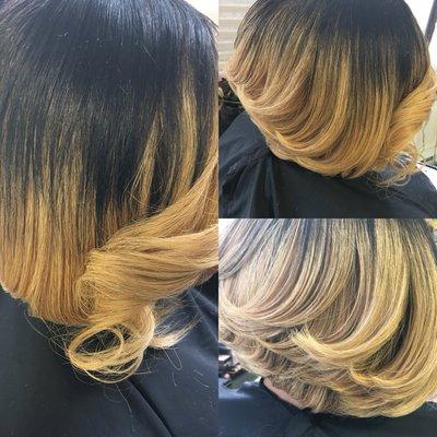 Custom weave cap blonde extensions layered bob cut