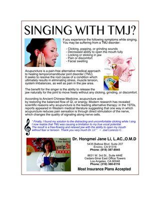 Dr. Li has also been successfully assisting me with TMJ. -Clicking, grinding, and discomfort when opening the mouth. Thank you Dr. Li! =)