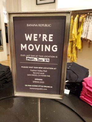 BR is relocating from 1st floor of Fashion Valley Mall to the 2nd floor on Monday, January 24th