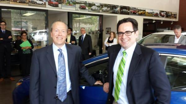 Leo Karl III, President of Karl Chevrolet with Connecticut State DEEP Commissioner Robert Klee showing off the 2016 Chevy Volt