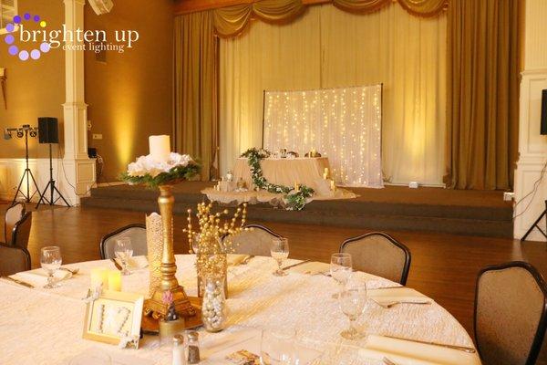 Such a beautiful wedding at the Croatian Amer. Cultural Center with gold uplighting by Brighten Up Event Lighting www.brightenuplighting.com