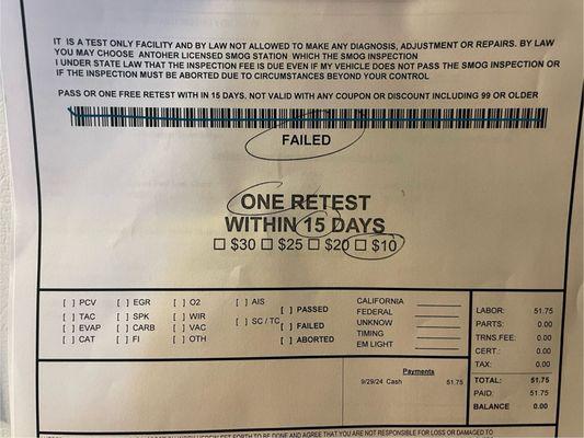 Their policies aren't even written in coherent sentences. "Free retest with in(sic) 15 days" isn't free! $30-$10 based on what?