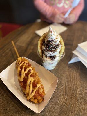 Potato cheese dog & vanilla ice cream with ores crumbs and sprinkles