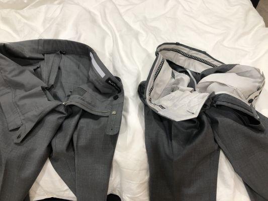 A suit with an additional pair of pants. The left came with the jacket, the right some 8 weeks later and constructed completely differently.