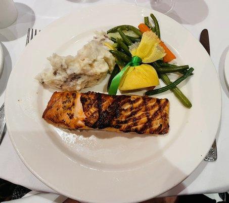 Grilled king salmon, with mashed potatoes and mixed vegetables