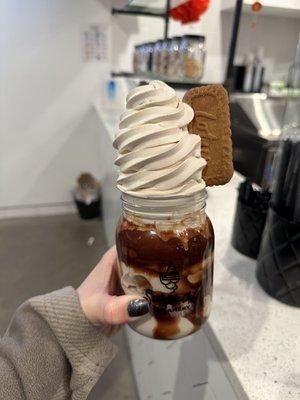 Earl Grey Vanilla ice cream with chocolate syrup and biscoff cookies in a mason jar