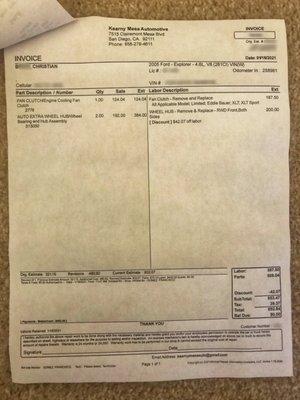 The final $892.84 Invoice for parts and labor.