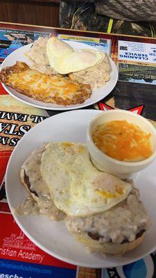 Country Benedict with Cheesy Grits and Cheesy Hash-browns