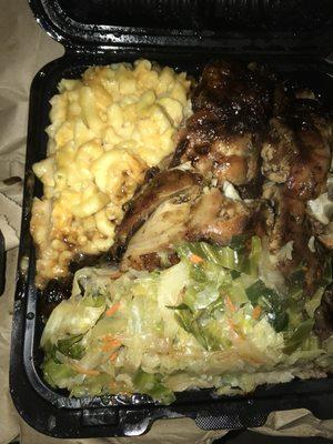 Large jerk chicken with Rice & Peas, Cabbage Mac and Cheese